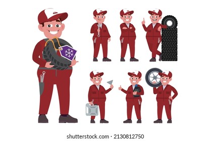 Set of technician with different poses