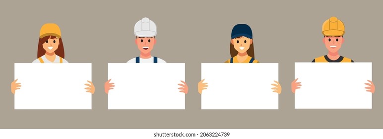 Set of Technician and engineers holding blank paper. Technician and builders and engineers and mechanics People teamwork ,Vector illustration cartoon character.