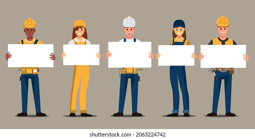 Conjunto de técnicos e ingenieros sosteniendo papel en blanco. Técnico y constructores e ingenieros y mecánicos Equipo de personas, personaje de dibujos animados de ilustraciones vectoriales.