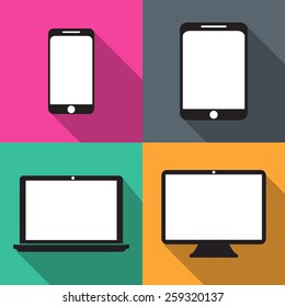 A set of techniques in flat, phones, tablets, monitors, laptops on colored backgrounds, vector