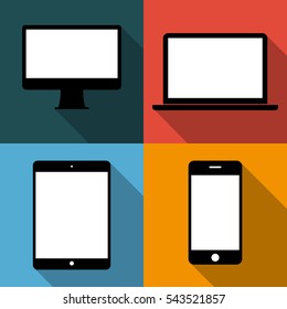 Set of techniques in flat, phones, tablets, monitors, laptops on colored backgrounds, vector