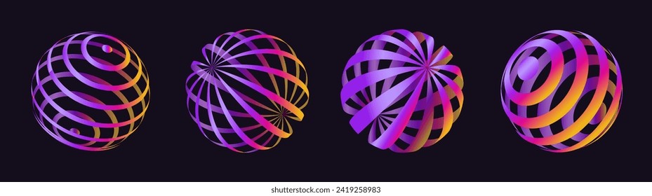 Set of techno 3d gradient figures, striped mesh models, spheres and torus, y2k aesthetic decorations.