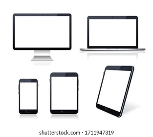 Set of Technological Devices with Blank Screen on White Background . Isolated Vector Elements