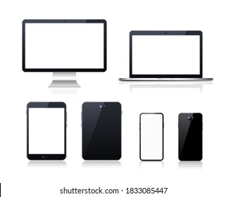 Set of Technological Devices with Blank Screen on White Background . Isolated Vector Elements