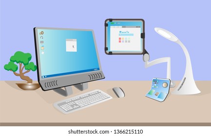 A set of technological devices for creating software Flat design Software for web designer desktop Adapting the site on various electronic devices flat illustration