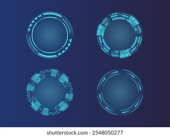Conjunto de projetos tecnológicos de rodadas de HUD. Círculo futurista. Gráfico virtual. Exibição do painel. Elementos de ficção científica e alta tecnologia. GUI e interface do usuário. Tecnologia moderna. Ilustração vetorial