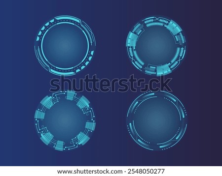 Set of technological HUD rounds design. Futuristic circle. Virtual graphic. Dashboard display. Sci-fi and Hi-tech elements. GUI and UI. Modern technology. Vector illustration