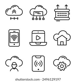 set of technological icons. Clear lines, bright accent colors. Clean white backgrounds. Concepts of 5G, AI, VR, IoT and cloud computing.