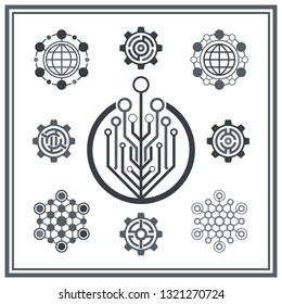 Set of technological icons and logos. Circuit elements.
