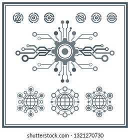 Set of technological icons and logos. Circuit elements.