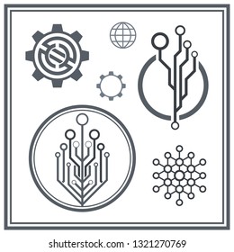 Set of technological icons and logos. Circuit elements.