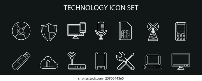 Set of technological icons made in linear style. Vector on a black background