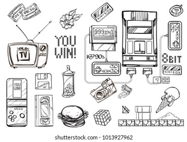 Set of technological objects from the 90s. Game console, TV, video and audio cassetes, floppy disk, film photo camera, pager, tamagotchi.