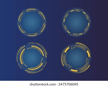 Set of technological round, abstract vector illustration on a dark background. Game element for user interface, digital sci-fi drawing. Futuristic torn yellow uniform.