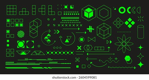 Set of technological shapes. Futuristic design elements. Geometric symbols. Squares and cubes, circles and hexagons. Vector illustration.