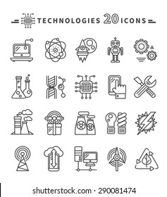 Set Of Technologies Black Thin, Lines, Outline Icons For Energy, Robotics, Communications, Environment, Aerospace, Mechanical Engineering On White Background. For Web Construction, Mobile Applications