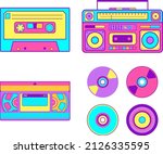 set of technology from the 90s, cassette, CDs, VHS tapes, and boom boxes. collection of various vintage audio tapes on white background. retro vector illustration EPS 10 editable