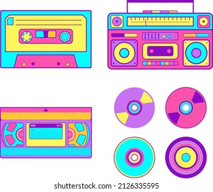 conjunto de tecnología de los años 90, cassette, CDs, cintas VHS y cajas de boom. colección de varias cintas de audio antiguas sobre fondo blanco. ilustración vectorial retro EPS 10 editable