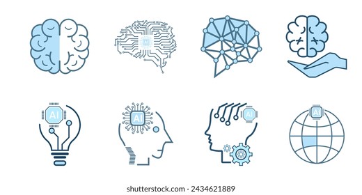 Set of technology brain, cybernetic, ai, head concepts and Groups of AI symbols, icons Artificial AI icons collection, isolated lined machine AI icon design