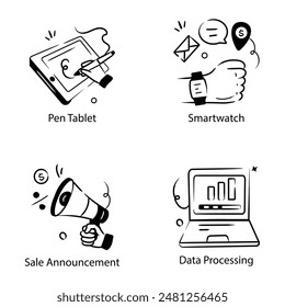 Set of Technology and Business Hand Drawn Icons 

