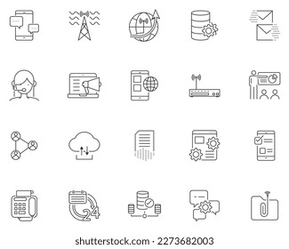 Conjunto de iconos de línea de comunicación tecnológica. Símbolo de vector delgado de globo digital