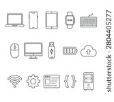 Set of technology and computer device outline icons with laptop smartphone tablet and hardware graphic
