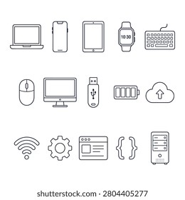 Set of technology and computer device outline icons with laptop smartphone tablet and hardware graphic