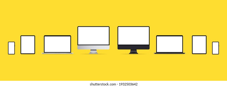 Set technology devices with empty displays. Realistic set of monitor, laptop, tablet, smartphone. Blank device mock up. Electronic devices mockup set. Vector EPS 10