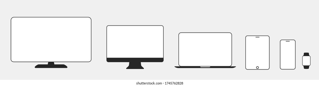 Symbol für Technologiegeräte festlegen: TV, Computer, Laptop, Tablet, Smartphone. Sehen Sie Icons. Weißer Bildschirm. Konkrete Modelle für elektronische Geräte überwachen die Leitungen einfach isoliert 