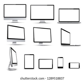 Set technology devices with white display, view from the side - for stock