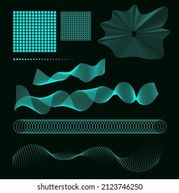 Set of technology elements, abstract wavy curved lines, dotted stripe. Neon turquoise sound waves, circles, squares. Dark background. Tech concept. Vector illustration, eps 10.