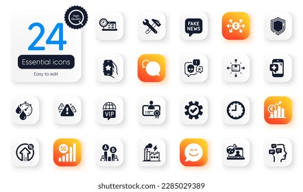 Set of Technology flat icons. 5g wifi, Cyber attack and Shield elements for web application. Service, Time, Dollar exchange icons. Smile chat, Favorite app, Vip internet elements. Vector