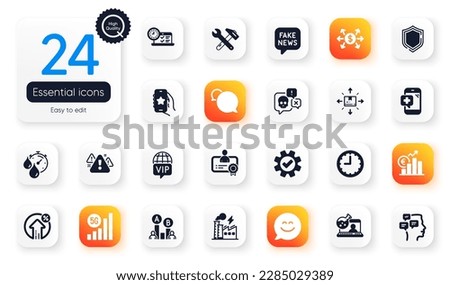Set of Technology flat icons. 5g wifi, Cyber attack and Shield elements for web application. Service, Time, Dollar exchange icons. Smile chat, Favorite app, Vip internet elements. Vector