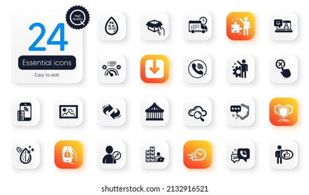 Set of Technology flat icons. Contactless payment, Refresh and Smile elements for web application. Ph neutral, Edit user, Load document icons. Shield, Employee, Call center elements. Vector