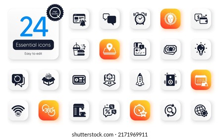 Set Of Technology Flat Icons. Food Delivery, Augmented Reality And Wallet Elements For Web Application. Speakers, Delivery, Recovery Data Icons. Safe Box, 360 Degree, Globe Elements. Pin. Vector