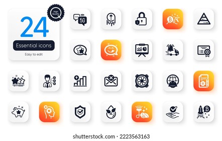 Set of Technology flat icons. Graph chart, Computer fan and Pyramid chart elements for web application. 5g internet, Organic product, Yummy smile icons. Stars, Lock, Thoughts elements. Vector