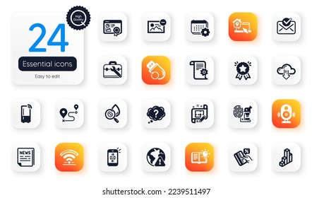 Juego de iconos planos de Tecnología. Aviso de Internet, gráfico 3d y elementos Wifi para aplicación web. Plano de arquitecto, memoria Flash, iconos de certificado Seo. Eliminar elementos de imagen, altavoz, viaje. Vector