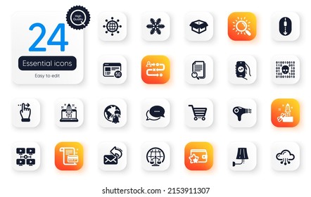 Juego de iconos planos de Tecnología. Juzgado de paz, lámpara de pared y elementos de copo de nieve para aplicación web. Archivo de búsqueda, Ruta de viaje, Iconos de innovación. Compartir correo, código binario. Vector