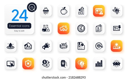 Set of Technology flat icons. Megaphone, Graph chart and Touch screen elements for web application. Attached info, Food delivery, Location app icons. 360 degrees, Star, Send mail elements. Vector