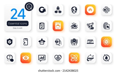 Set of Technology flat icons. Refill water, Washing machine and Analytical chat elements for web application. Web lectures, Full rotation, Video conference icons. Security shield. Vector