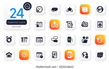 Juego de iconos planos de Tecnología. Smile chat, World time y Elementos de realidad aumentada para aplicaciones web. Cara sonriente, garaje de estacionamiento, iconos de informe. Electricidad, Estrellas, Elementos de agua helada. Vector