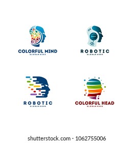 Set of Technology Head logo designs vector, Creative mind, learning and design icons. Man head, people symbols