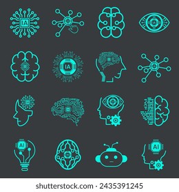 Conjunto de iconos de tecnología, como robot, digital, vr, ai, ciberseguridad e inteligencia artificial conjunto de iconos de línea vectorial. Reconocimiento facial, Android, robot humanoide, vector
