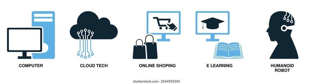 Definir o vetor de ícones de tecnologia, ilustrando inovações modernas e avanços digitais. Perfeito para sites, apresentações ou aplicativos que precisam de diversos símbolos para vários conceitos tecnológicos, como IA, redes