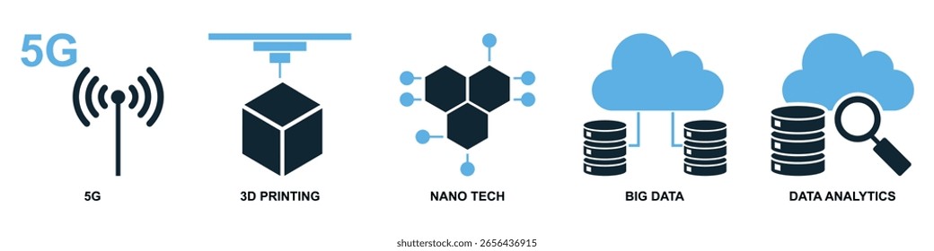 Set technology icon vector, illustrating modern innovations and digital advancements. Perfect for websites, presentations, or apps needing diverse symbols for various tech concepts like AI, networking