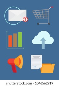 Set of technology icons color vector illustration isolated on deep blue backdrop, cloud with arrow, schedule and letter, paper with folder and barrow
