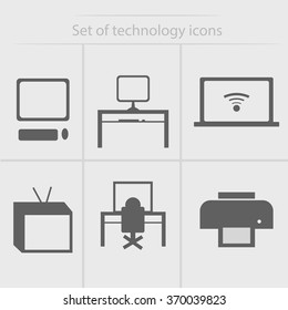 Set of technology icons. Computer, laptop, table, chair, printer, television icons. Vector illustration. Material design.
