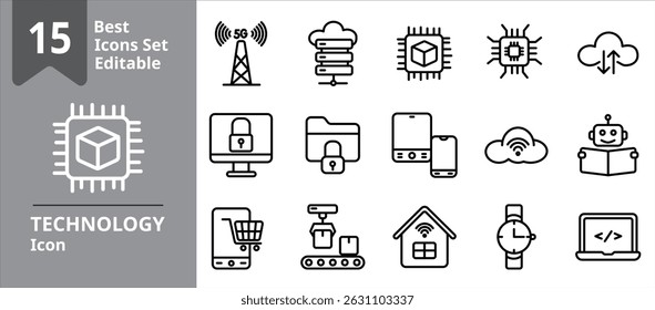 Gruppe von Technologie-Symbolen. Icons Enthält Big Data, Prozessor, Gerät, Robotik, Chip, etc. Gestalten Sie Elemente für Ihre Projekte.