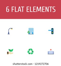 Set of technology icons flat style symbols with street light, building, door lock and other icons for your web mobile app logo design.