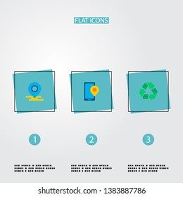 Set of technology icons flat style symbols with conservation, location, phone pin and other icons for your web mobile app logo design.